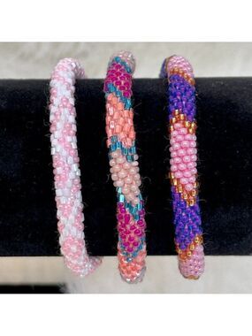 HAND CRAFTED in Nepal Beaded Bracelets (set of 3) PINK1